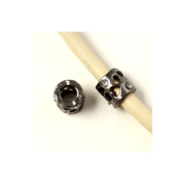 Tube bead with heart-perforations and crystals, black, 9x8mm with 5mm hole, 1pc. Jewellery Bead