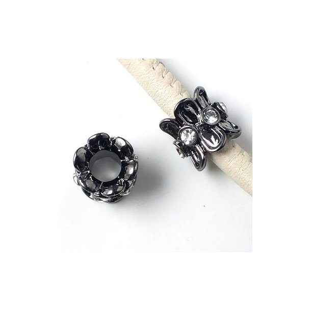 Black bracelet bead with clear crystals, 11x10mm, hole 5mm, 1pc. Jewellery Bead