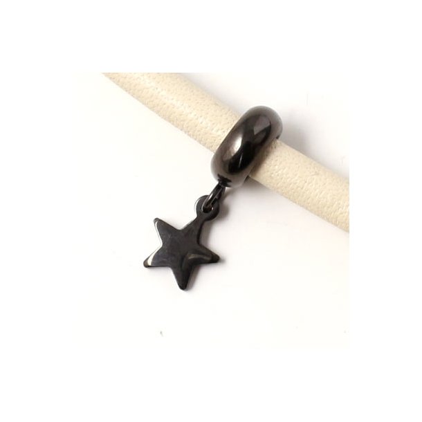 Star charm, black steel, with eye and 6mm jump ring, 1pc