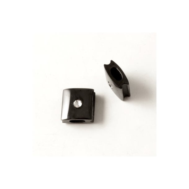 Square bead / locking bead with crystal, for knotted bracelets, black steel, 10x10x5mm, 1pc.