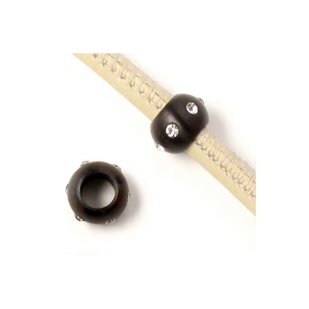 Bracelet bead with crystals, black matte steel, diameter 10mm, hole size 5mm, 1pc