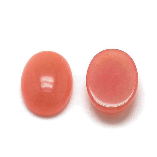 Jade cabochon (dyed), coral, flat oval, 18x13x5mm, 2pcs