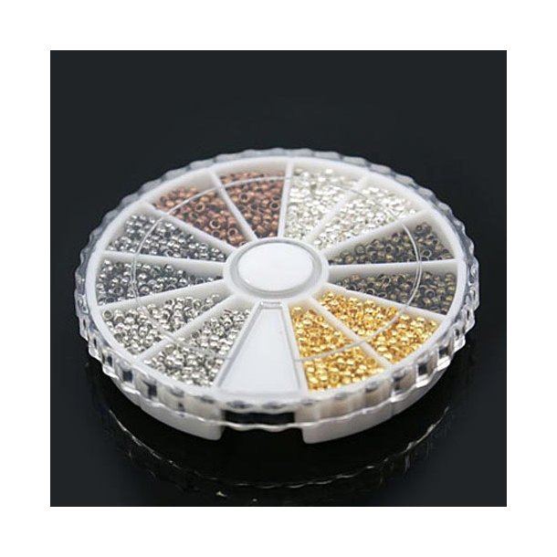 Crimp beads box set, rounded beads, mix of six colors, 2 mm, 3000 pcs