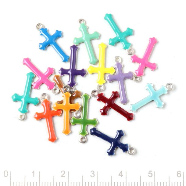 Emaillierte Anh�nger, kleines Kreuz, zuf�llige Farbmischung, 17,5x10 mm, 10 Stck