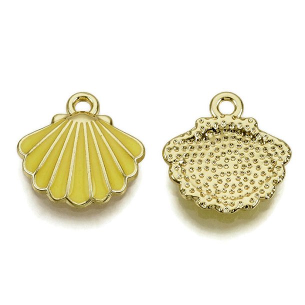 Shell with enamel, pendant, gold-plated brass, yellow, 1 eye, 13 mm, 2 pieces