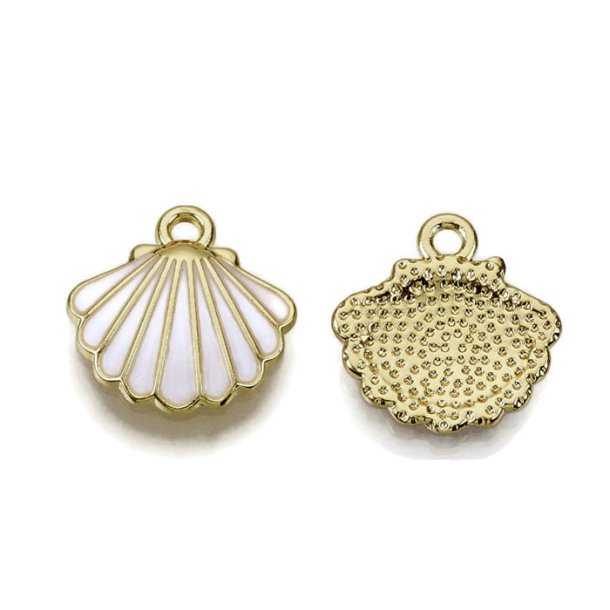 Shell with enamel, pendant, gold-plated brass, white, 1 eye, 13 mm, 2 pieces
