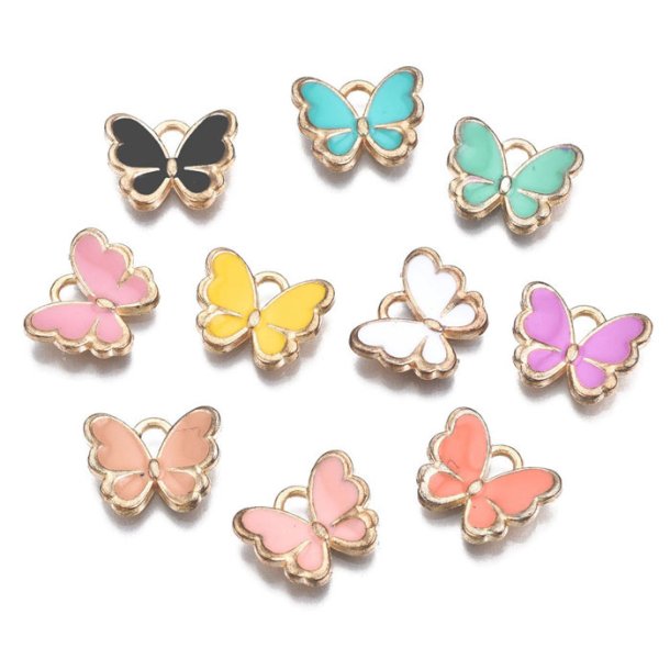 Butterfly with enamel, assorted colours, pendant, gold-plated brass, 13x10.5mm, 6 pcs