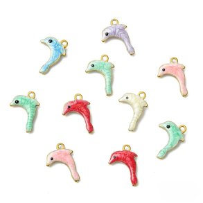 Enamel charms, dolphins, gold-tone 304 steel, mixed colours, 12x9 mm, 4 pcs