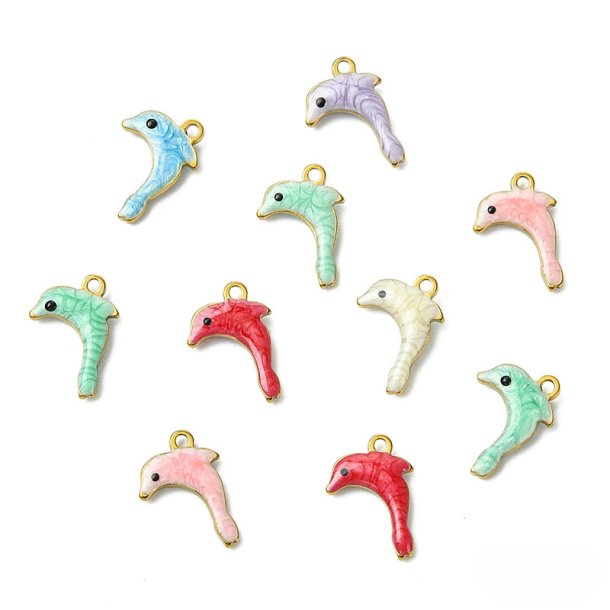Enamel charms, dolphins, gold-tone 304 steel, mixed colours, 12x9 mm, 4 pcs