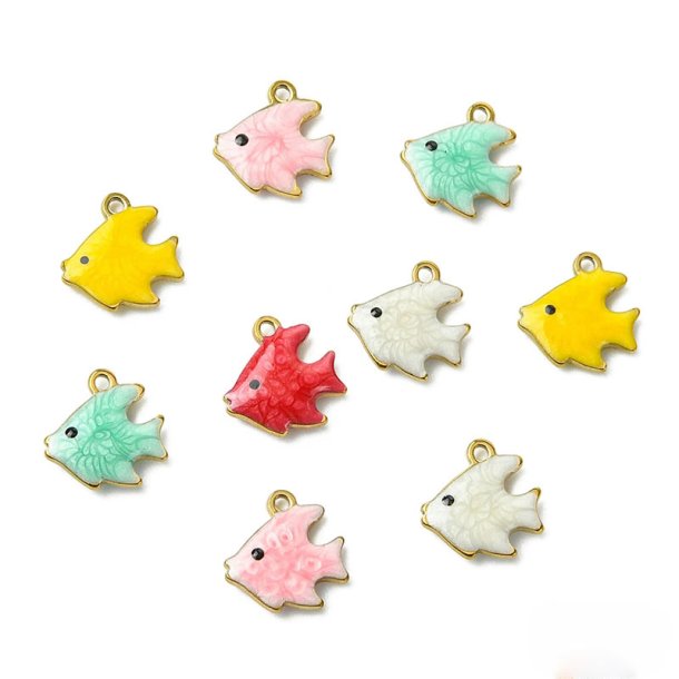 Enamel charms, fish, gold-tone 304 steel, mixed colours, 10x10 mm, 4 pcs