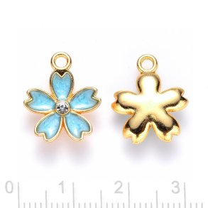 Pendant, Sakura flower, enamel, gold-plated/turquoise with crystal, 17x14 mm, 2 pcs