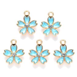Pendant, Sakura flower, enamel, gold-plated/turquoise with crystal, 17x14 mm, 2 pcs