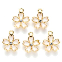 Pendant, Sakura flower, enamel, gold-plated/white with crystal, 17x14 mm, 2 pcs