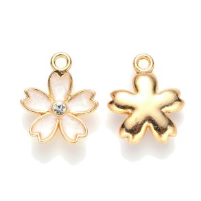 Pendant, Sakura flower, enamel, gold-plated/white with crystal, 17x14 mm, 2 pcs