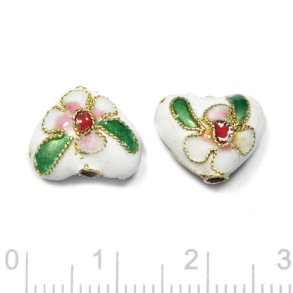 Cloisonne heart bead, white, 12.5x10.5x7 mm, 2 pcs