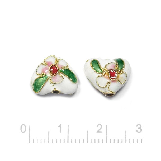 Cloisonne Herz Perle, wei, 12,5x10,5x7 mm, 2 Stck