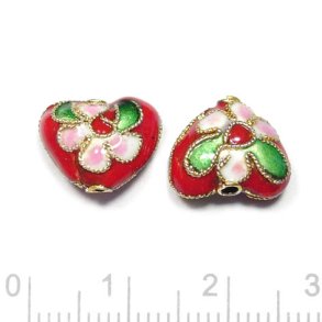Cloisonne heart bead, red, 12.5x10.5x7 mm, 2 pcs