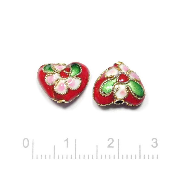 Cloisonne Herz Perle, rot, 12,5x10,5x7 mm, 2 Stck
