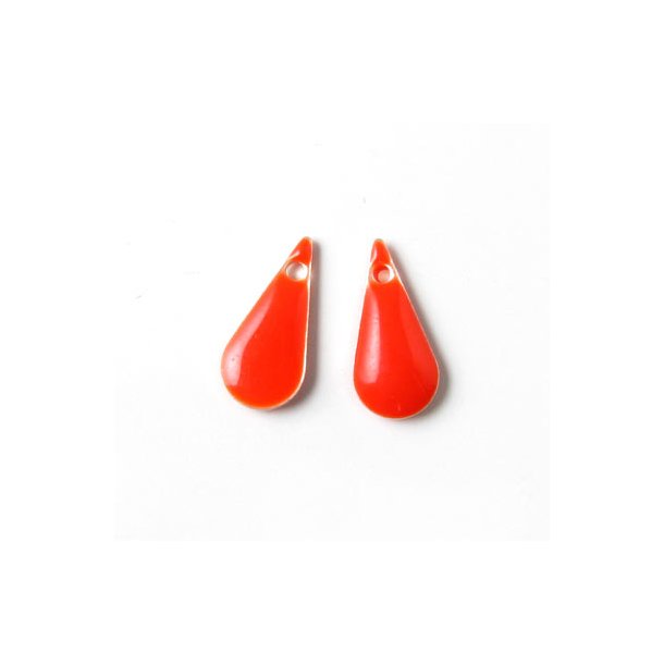 Enamel charm, slim reddish orange teardrop, 15x7mm, 2pcs.