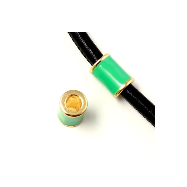 Enamel tube-bead with gold-plated edge, turquoize green, 12x8mm, hole size 5mm, 1pc