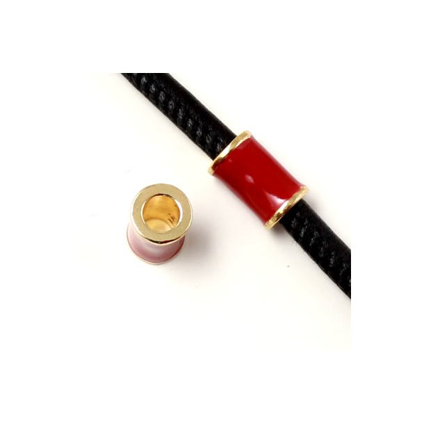 Enamel tube-bead with gold-plated edge, dark red, 12x8mm, hole size 5mm, 1pc