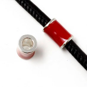 Rohrperle mit versilbertem Rand, dunkelrot, 12x8 mm, Lochgröße 5 mm, 1 Stk.