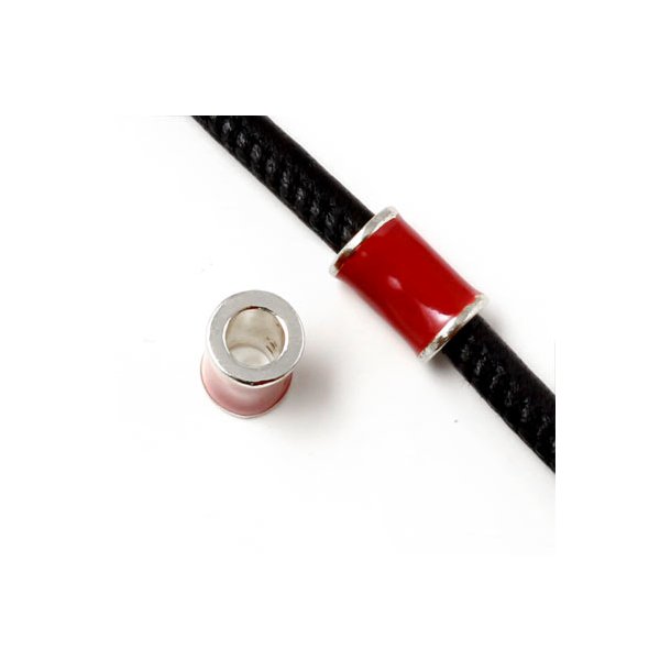 Enamel tube-bead with silver-plated edge, dark red, 12x8mm, hole size 5mm, 1pc