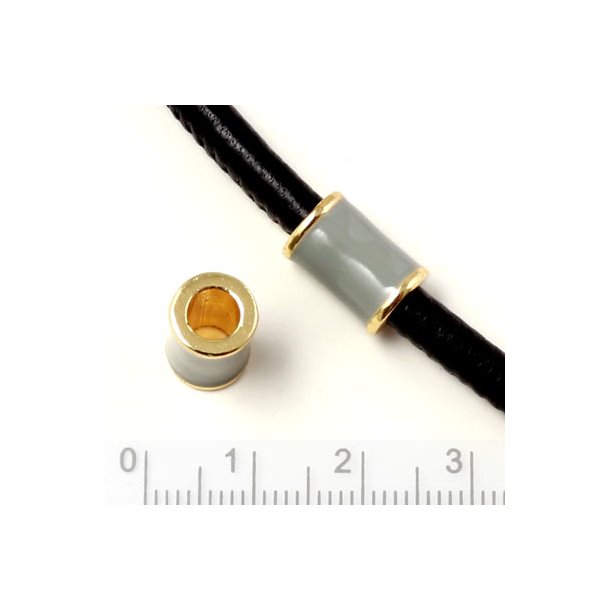 Enamel tube-bead with gold-plated edge, grey, 12x8mm, hole size 5mm, 1pc