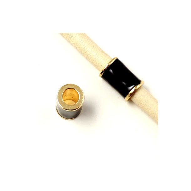 Rohrperle mit vergoldetem Rand, schwarz, 12x8 mm, Lochgr&ouml;&szlig;e 5 mm, 1 Stk.