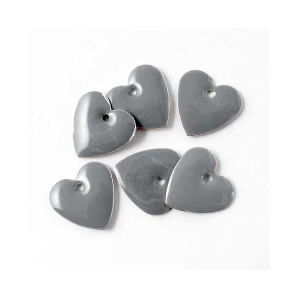 Enamel charm, medium grey heart with silver border, 12mm, 4pcs.