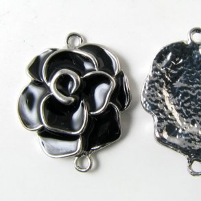 Emaillierte Rose, silber/schwarz, zwei Ösen, 25x35 mm, 1 Stk.