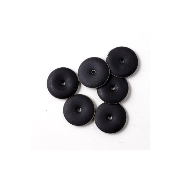 Emaille-Anh&auml;nger, rund mattiert schwarz/silber M&uuml;nze, mit Loch in der Mitte, 12 mm, 4 Stk.