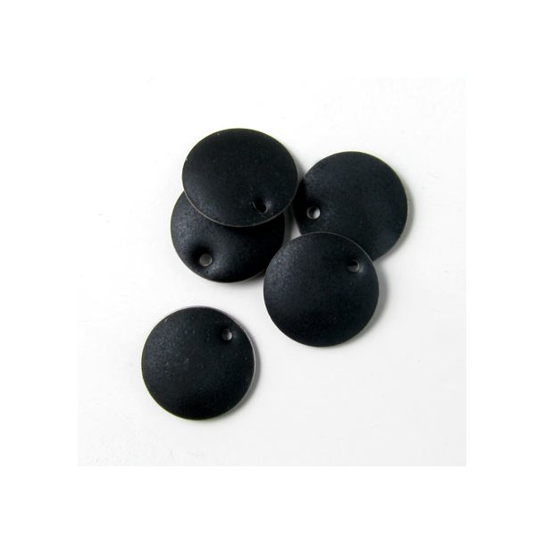 Emaille-Anh&auml;nger, rund mattiert schwarz/silber M&uuml;nze, mit Loch an der Kante, 8 mm, 6 Stk.
