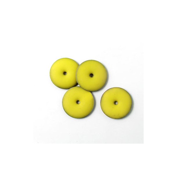 Enamel charm, matt yellow coin w. hole in the middle, 12mm, 4pcs.