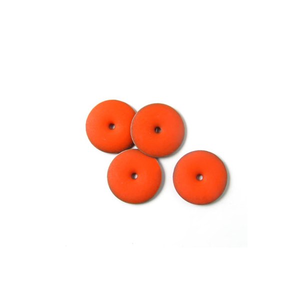 Enamel charm, matt orange coin w. hole in the middle, 12mm, 4pcs.