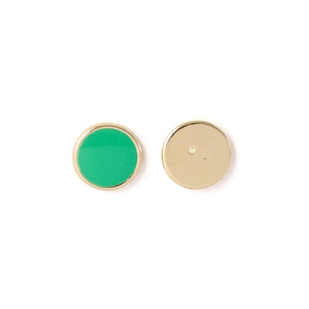 Enamel coin without hole, mint-green and gilded, 12x1.5mm, 2pcs.
