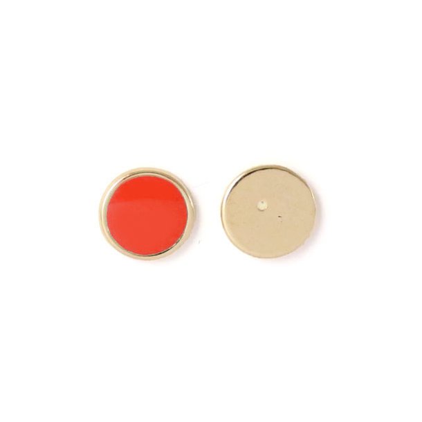 Enamel coin without hole, coral-red and gilded, 12x1.5mm, 2pcs.