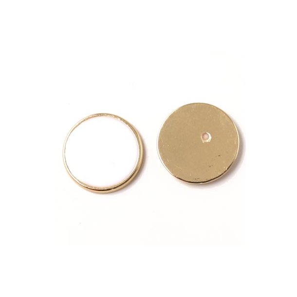 Enamel coin without hole, white and gilded, 16x2mm, 2pcs.