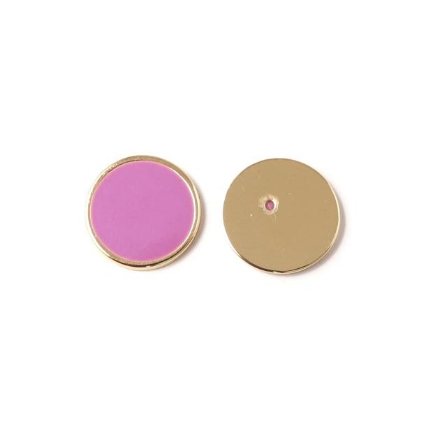 Enamel coin without hole, purple and gilded, 16x2mm, 2pcs.