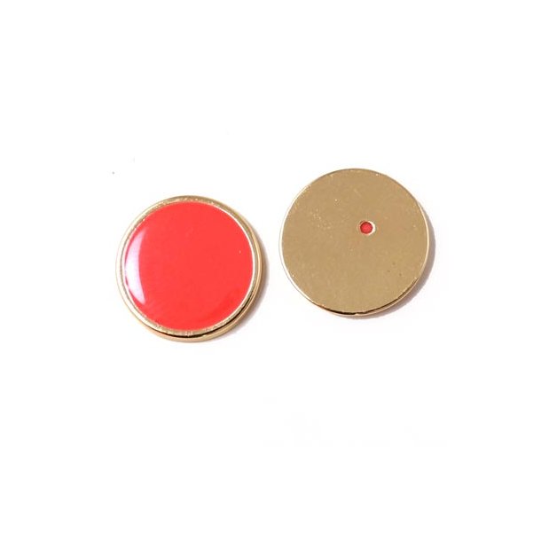 Enamel coin without hole, coral-red and gilded, 16x2mm, 2pcs.