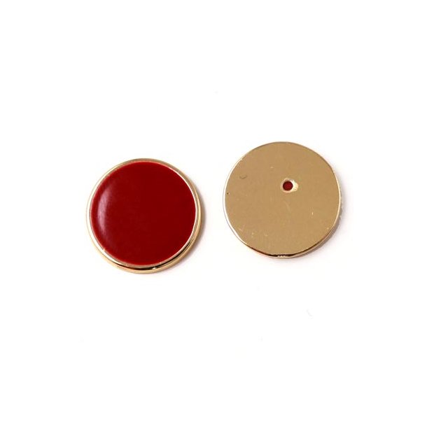 Enamel coin without hole, dark red and gilded, 16x2mm, 2pcs.