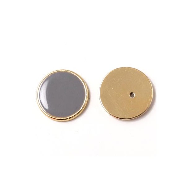 Enamel coin without hole, grey and gilded, 16x2mm, 2pcs.