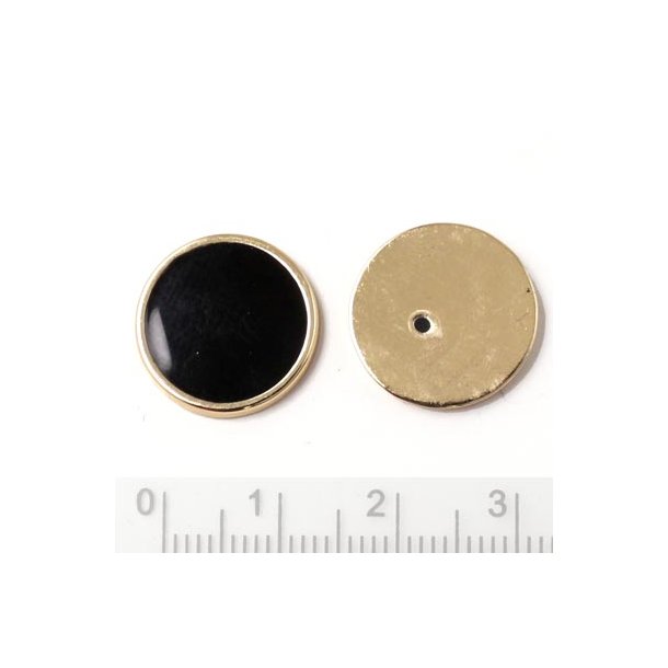 Enamel coin without hole, black and gilded, 16x2mm, 2pcs.