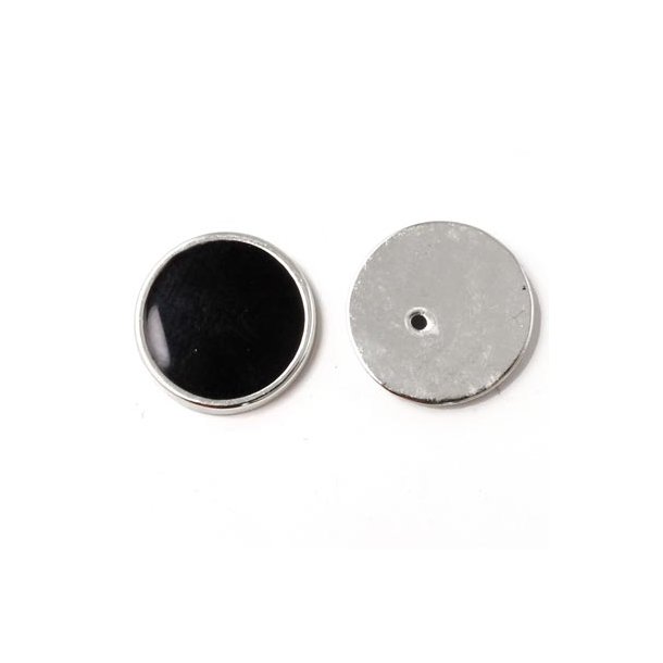 Enamel coin without hole, black and silvered, 16x2mm, 2pcs.