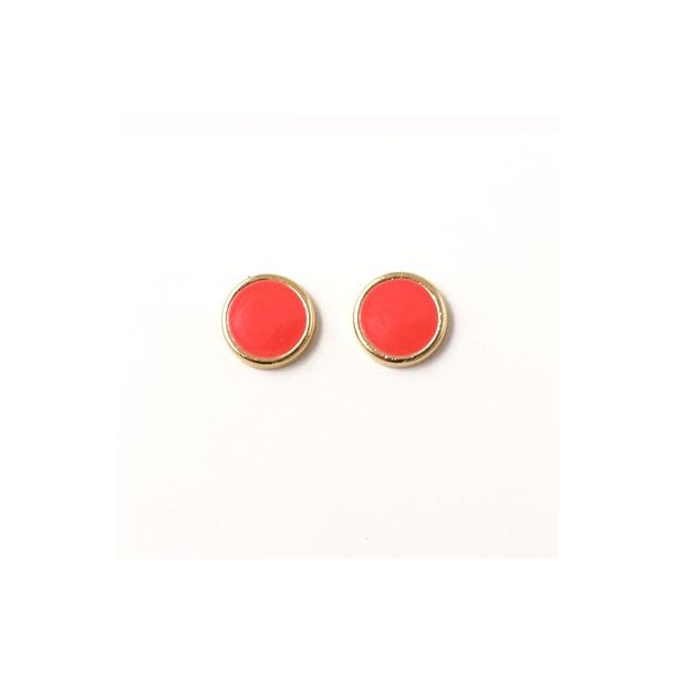Enamel coin without hole, coral-red and gilded, 8x2mm, 2pcs.