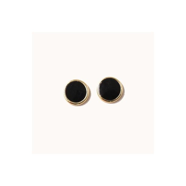 Enamel coin without hole, black and gilded, 8x2mm, 2pcs.