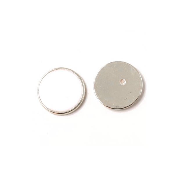 Enamel coin without hole, white and silver-plated, 16x2mm, 2pcs.