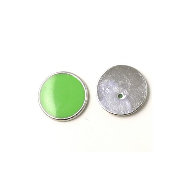 Enamel coin without hole, lime-green and silvered, 16x2mm, 2pcs.