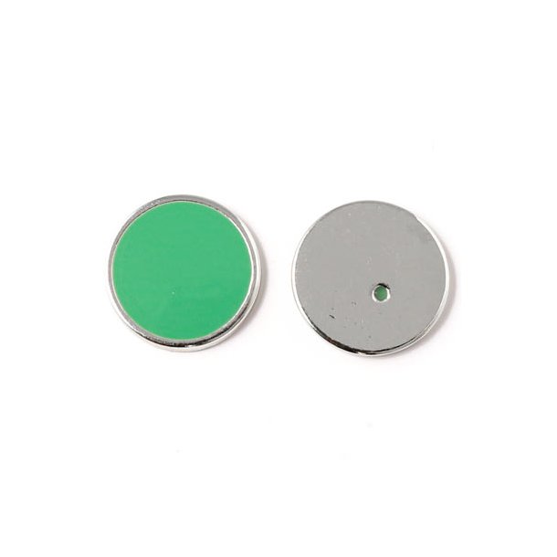 Enamel coin without hole, blue-green and silvered, 16x2mm, 2pcs.