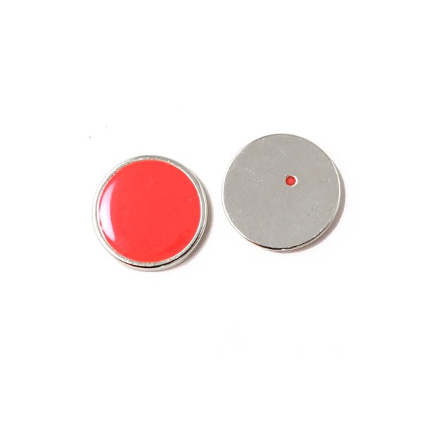 Enamel coin without hole, coral-red and silvered, 16x2mm, 2pcs.